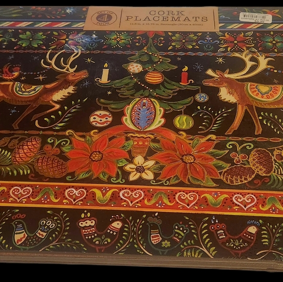 Benson Mills Cork Christmas Placemats with Reindeer and Poinsettas  Design. New. - Picture 1 of 8